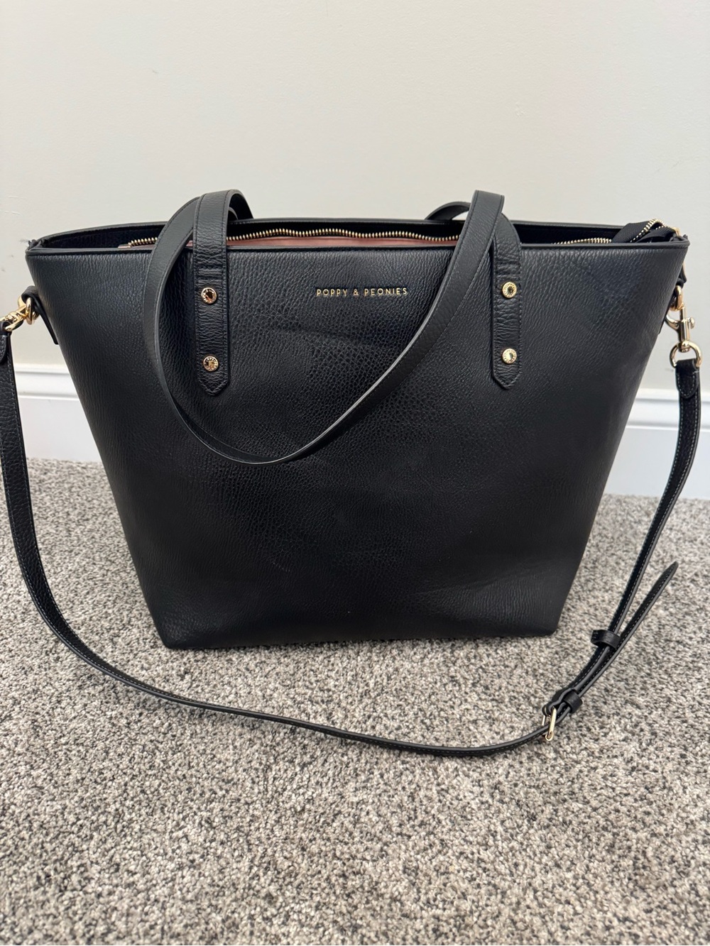 Poppy & Peonies Black Pebbled Leather Tote with Gold Accents